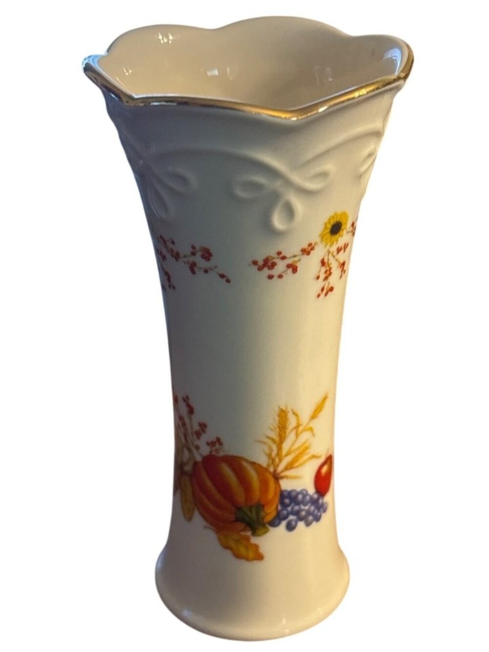 Vintage Lenox Fall Harvest Design Bud Vase 5" Gold Trim Pumpkin Sunflower China - Picture 11 of 16